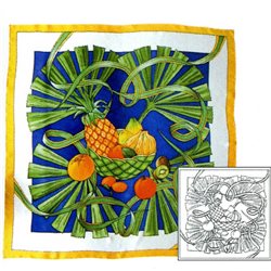 Шелк. платок с контурным рисунком 90х90 "Фрукты и пальмовые листья"