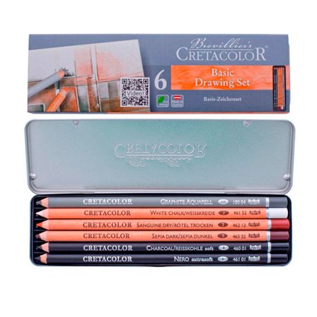 Набор карандашей PRIMO, металлическая коробка, 6 шт карандаш сангина, сепия, мел, угольный, Nero и водорастворимый графитовый 4В