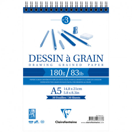 Скетчбук 30л. А5 на спирале Clairefontaine "Dessin a grain", 180г/м2, мелкозернистая