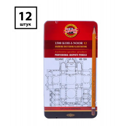 Набор карандашей чернографитных Koh-I-Noor "1500 Technic", 12шт., HB-10H, заточенные